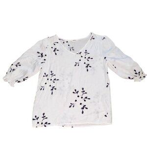 Anthropologie Kindred Womens Embroidered Gauzy 3/4 Sleeve Blouse-White-M-GUC